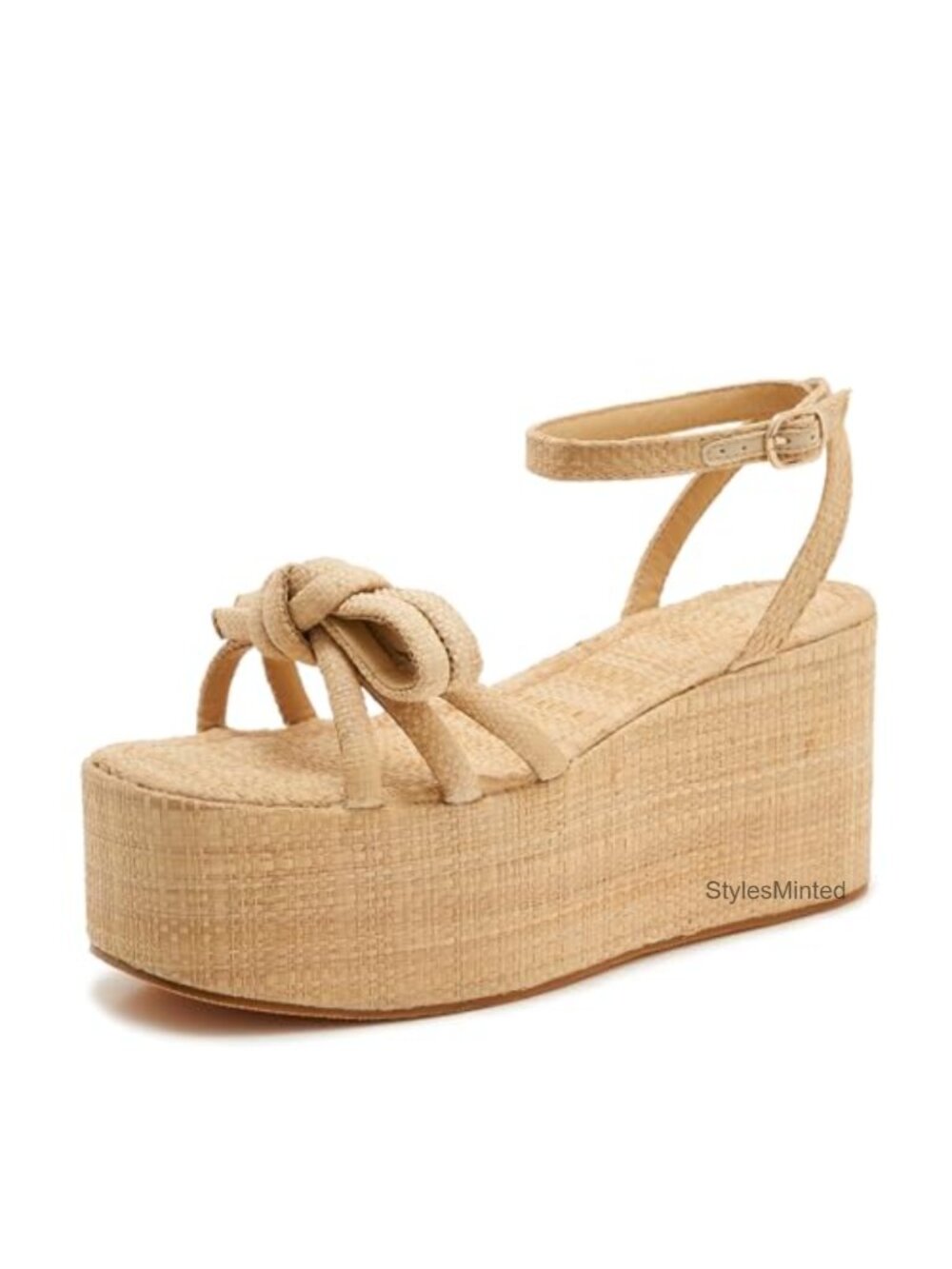 Women's Raffia Wedge Platform Sandals with Bow Ankle Strap